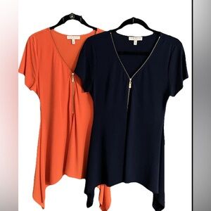2-Chaus Quarter Zip Solid Tunic Top Lightweight Cap Sleeves SharkTooth Hem Sz M